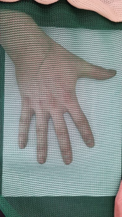 A hand is shown through the screen of a window.